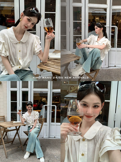 [Easy to Wear] White Doll Collar Top - Summer High-End Flying Sleeve Style