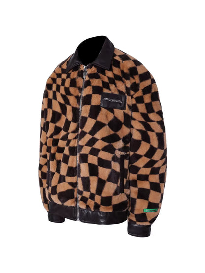 Twisted Checkerboard Plush Panels Chic Fur Coat