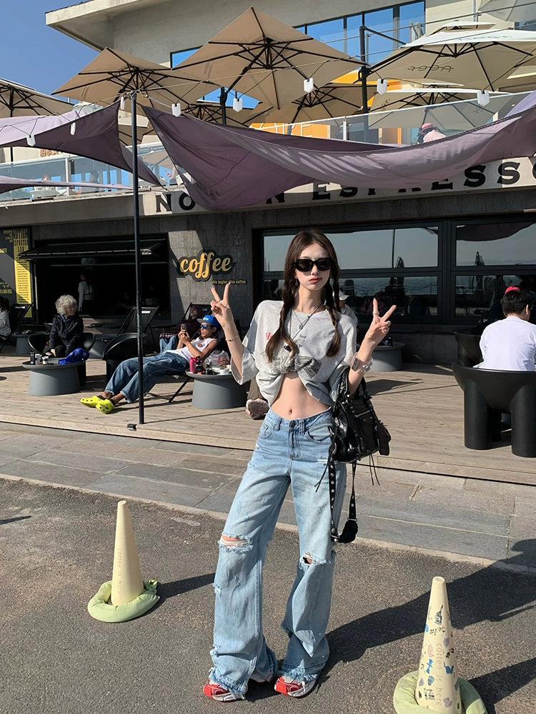 [Rebellious Cowboy] Light Ripped High-Waist Straight Jeans - Summer Loose Fit