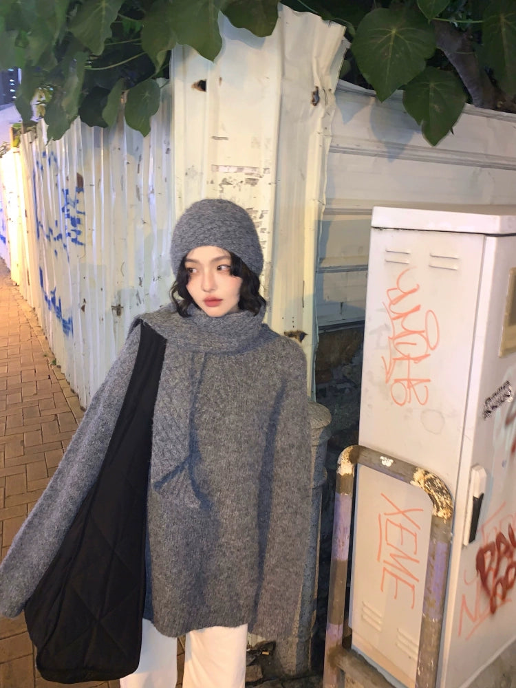 Lazy Round Neck Wool Sweater with Scarf (Exclusive Design)