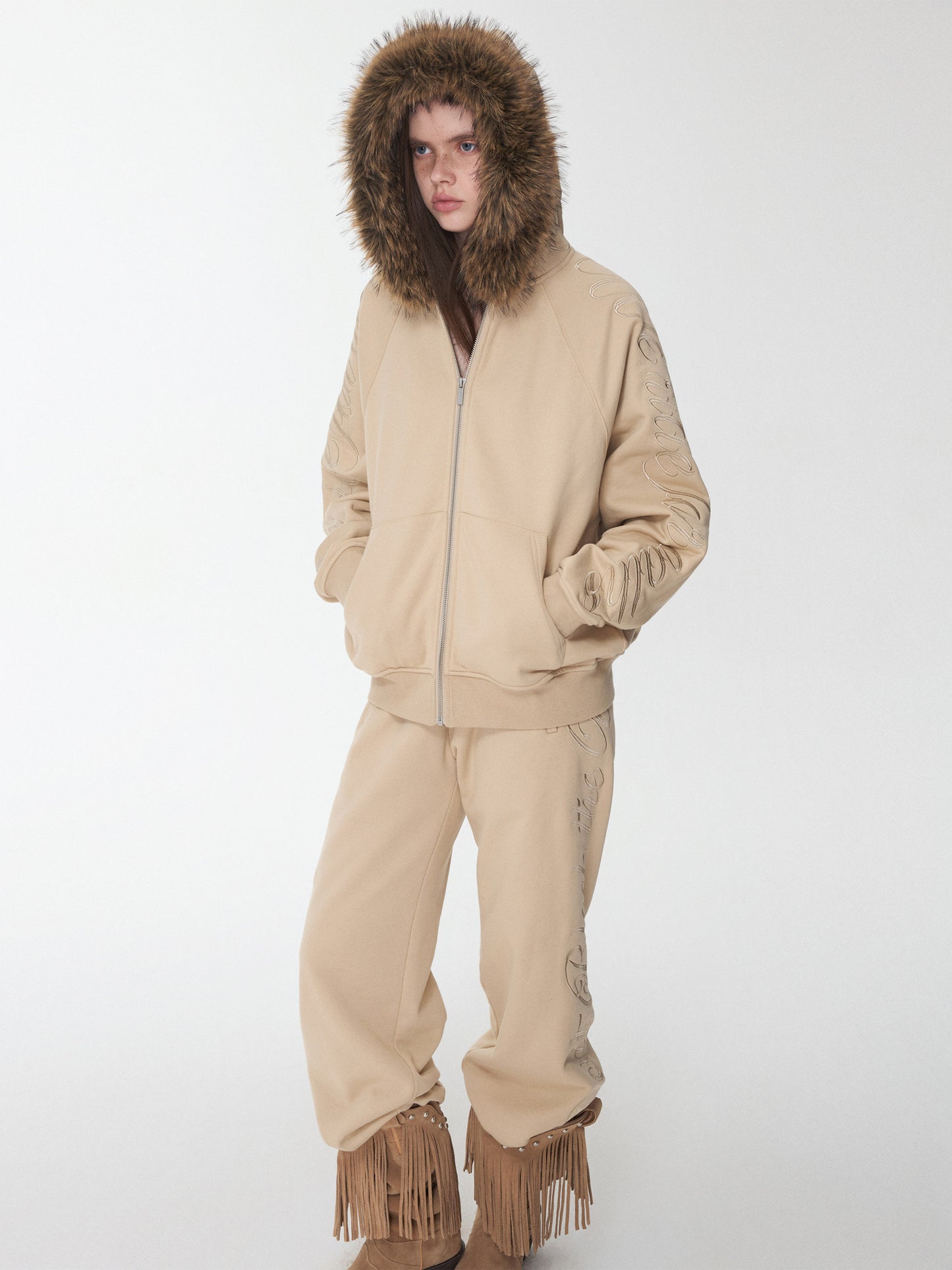 Embroidered Fur Hoodie & Sweatpants Set