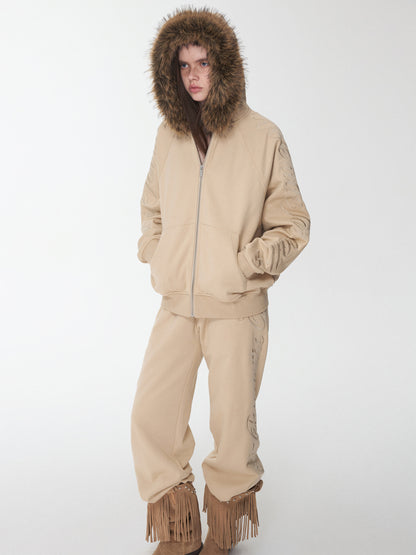 Embroidered Fur Hoodie & Sweatpants Set
