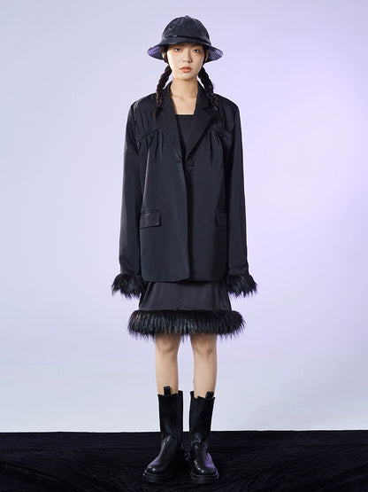 Early Spring Plush Hem Satin Faux Fur Suspender Skirt