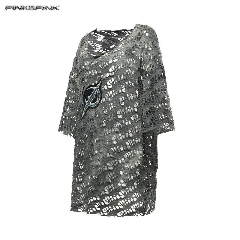 Electric Moon Gradient Patchwork Perforated Y2K Punk Tee