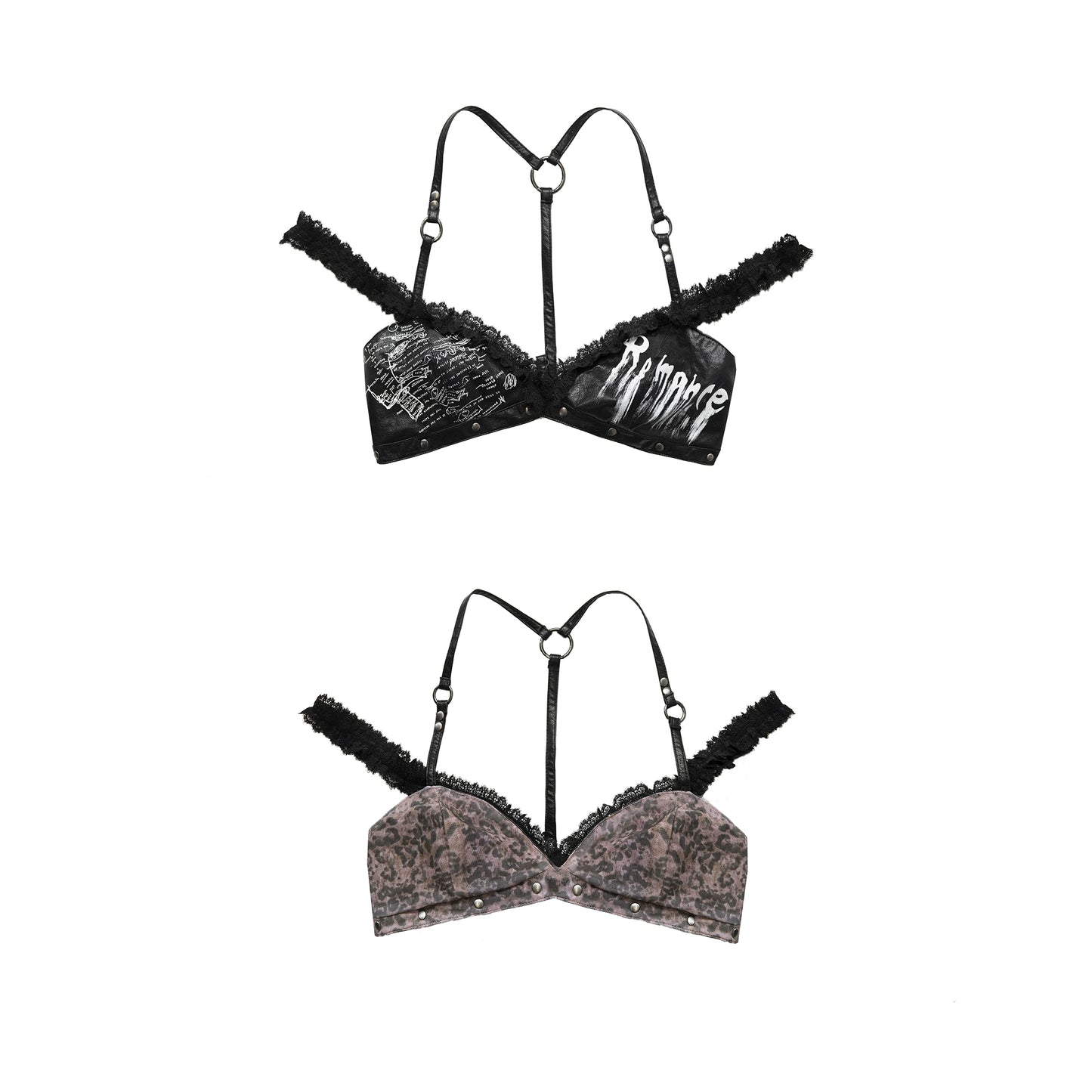 Black Punk Spliced Leather Bikini Bra | Double-Sided Printed Outerwear