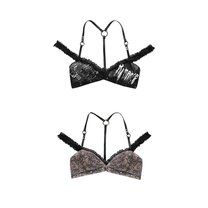 Black Punk Spliced ​​Leather Bikini Bra | Double-Sided Printed Outerwear