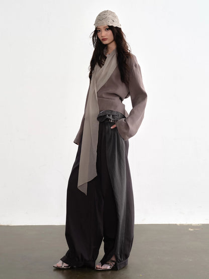 26SS Natural Earth Tone Long-Sleeved Shirt with Flowing Ribbons and a Tranquil Feel
