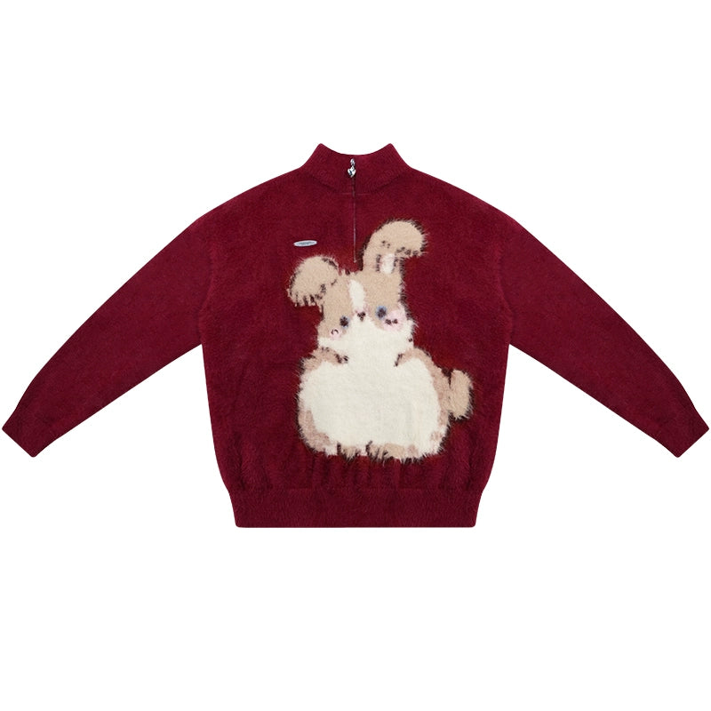 Red New Year’s Plush Rabbit Sweater | Thick Retro Christmas Design for Autumn/Winter