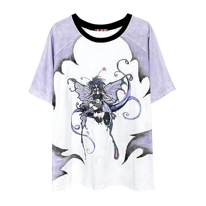 Butterfly Fairy Print Raglan Sleeve Loose T-shirt