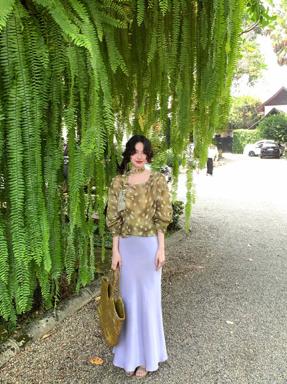 Wine noon 2026 spring olive green vintage polka dot cupro chiffon lace-up lantern sleeve artistic top girl