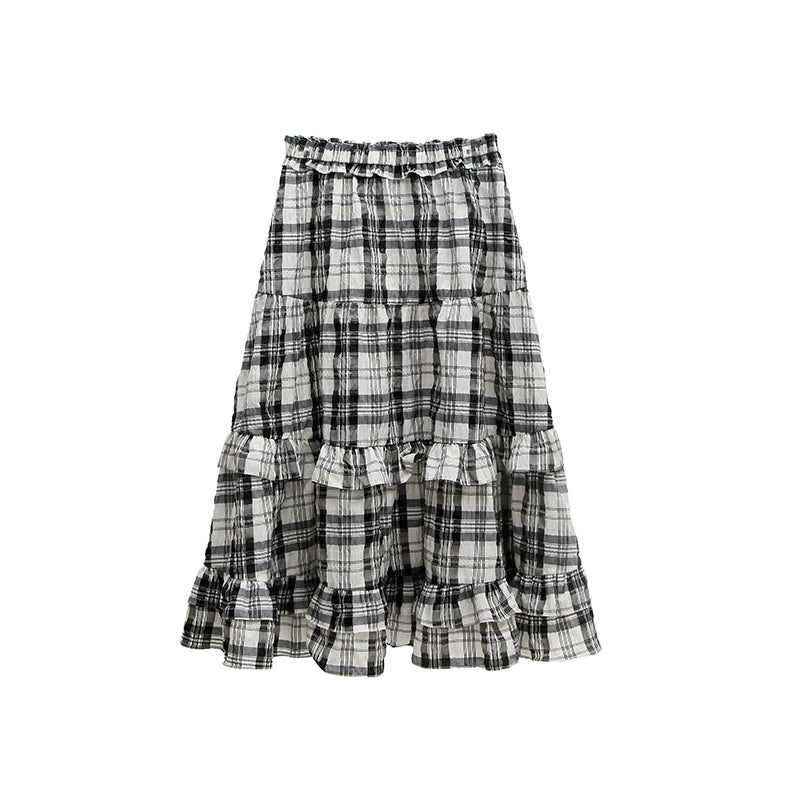 emotional check half skirt or suspender skirt, two wearing elastic waist black and white check pattern half skirt