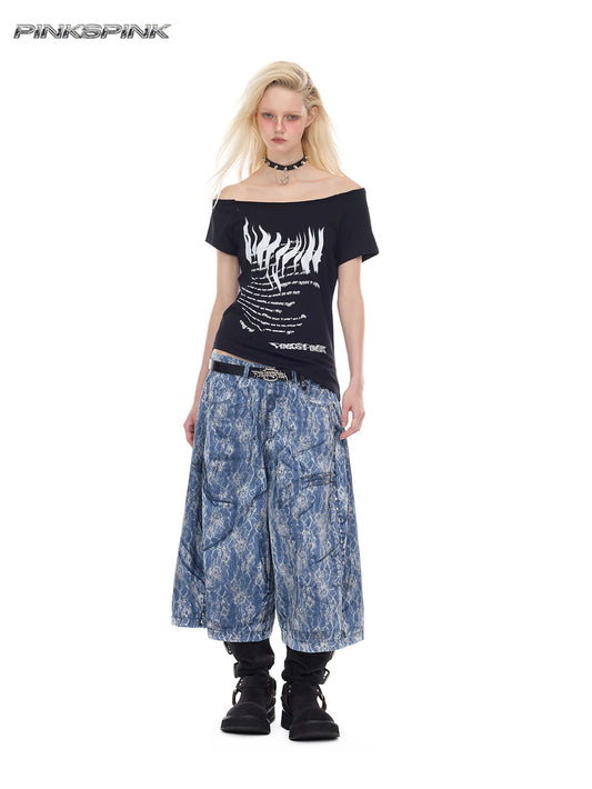 Studded Lace-Coated Distressed Y2K Unisex Denim Shorts