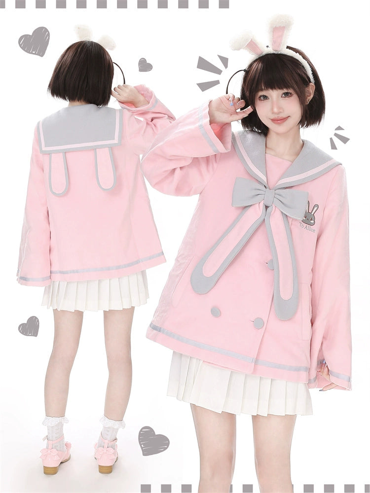 Long-Eared Rabbit Kindergarten 3D Bunny Ear Sailor Collar Tweed Jacket