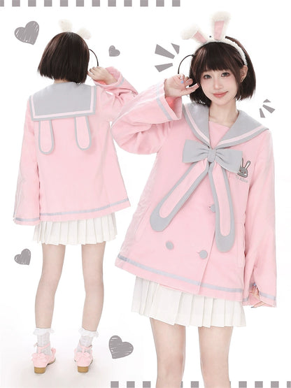 Long-Eared Rabbit Kindergarten 3D Bunny Ear Sailor Collar Tweed Jacket