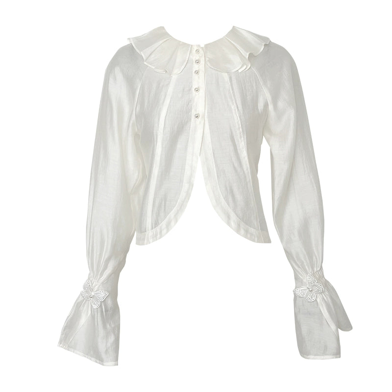 Ensemble, design original pour l'été, une protection au soleil blanc fée, une perspective, une chemise à manches longues, une jupe de longueur moyenne, un ensemble de deux pièces