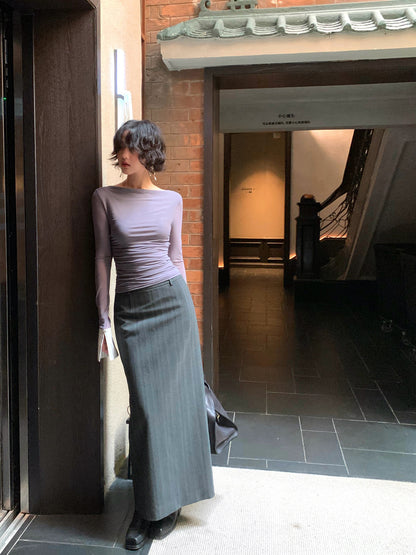 Grey Rhyme Off-Neck Sheer Long-Sleeve Top – Elegant Hong Kong Retro Autumn Wear