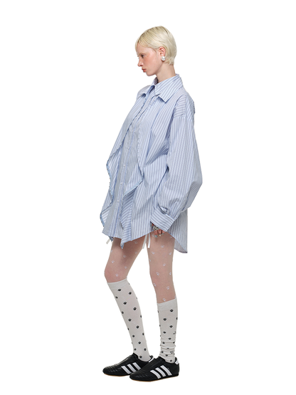 Striped Faux Layered Shirt Jacket – Curved Double Placket Design