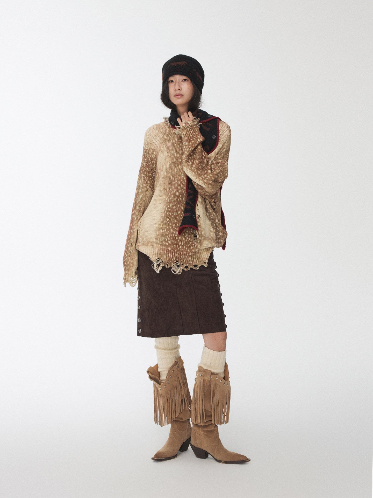 Deer Print Distressed Knit Sweater