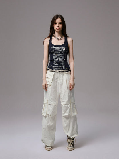 Gold & Silver Rivet Letter Vest – Cool Slim Sleeveless Crop Top