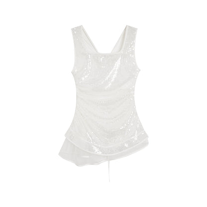 [Love Machine] Transparent White Sequin Square Neck Vest - Summer Design Style