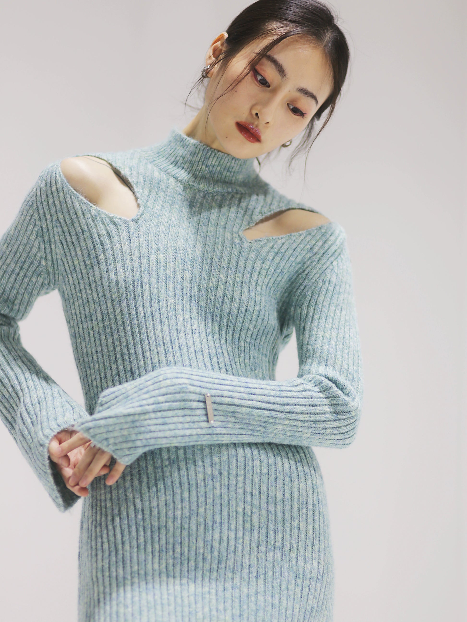 Turquoise green hollow off-shoulder sweater dress | Turquoise green hollow sweater dress featuring an off-shoulder design Serendute Turquoise green hollow off-shoulder sweater dress | Turquoise green hollow sweater dress featuring an off-shoulder design Serendute