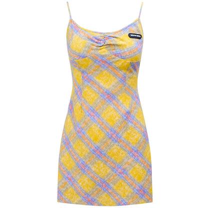 Vestido amarillo con tirantes a cuadros | Estilo retro de verano con cintura ajustada