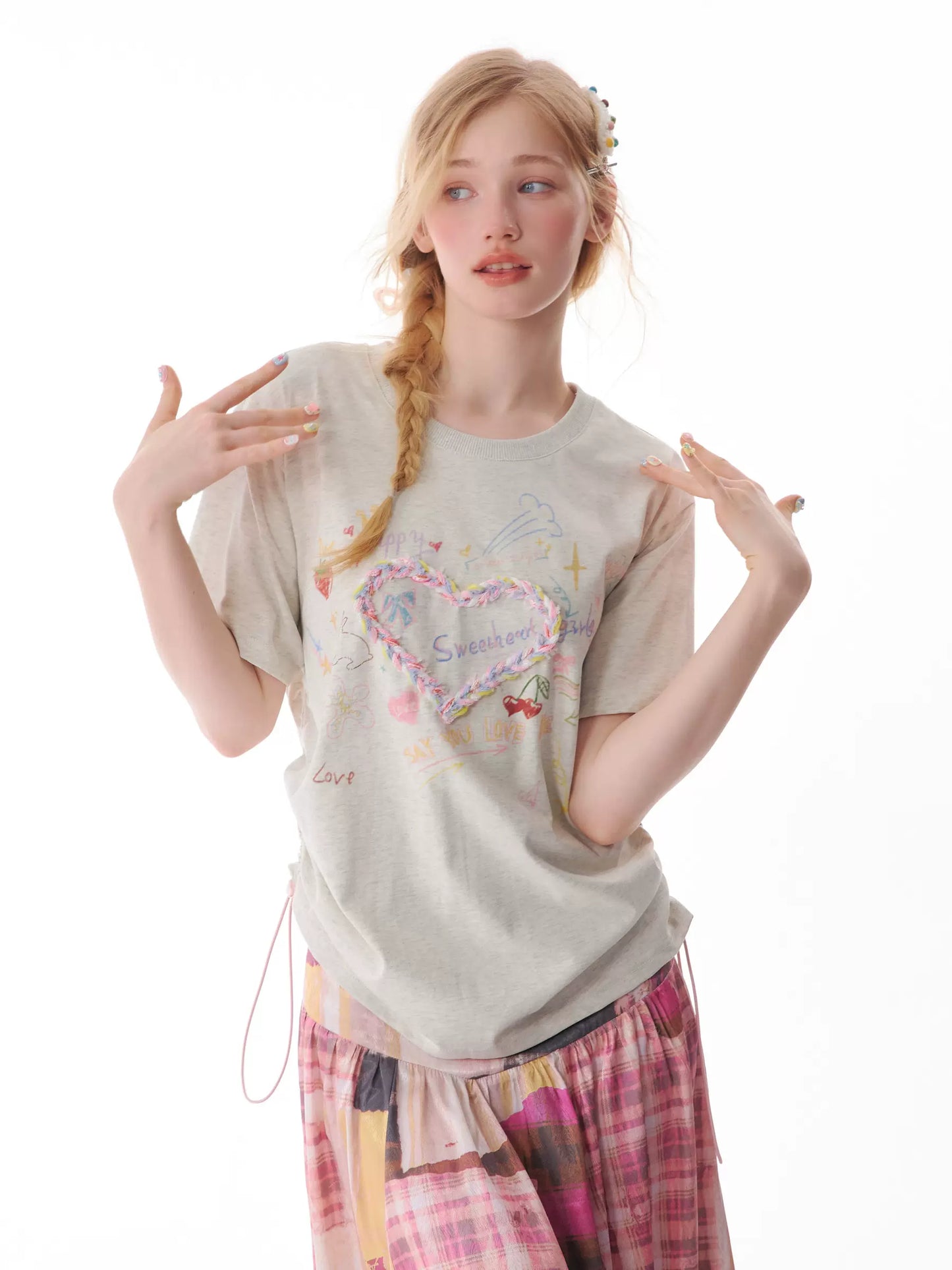 Drawstring Love Print T-shirt | Loose Summer Retro Slim Fit Design