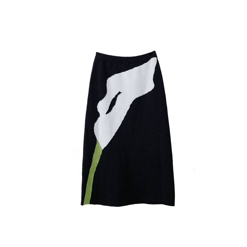 Original and niche design with ears, a brilliant retro calla lily wool woven straight tube half skirt and half skirt