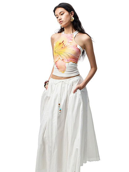 Striped Cotton Resort Skirt with Beaded Straps – Loose Swing A-Line Design