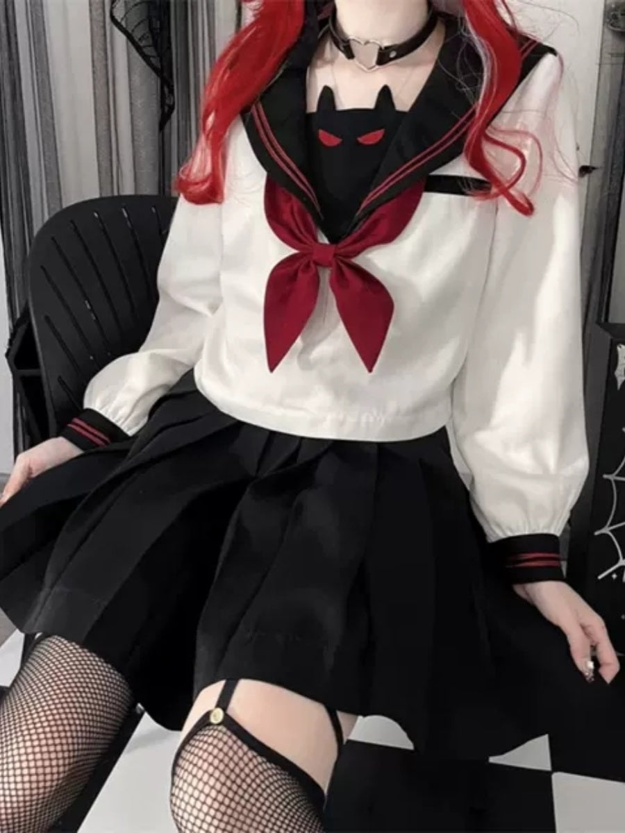 JK Uniform with Little Demon Embroidery Long-Sleeve Top