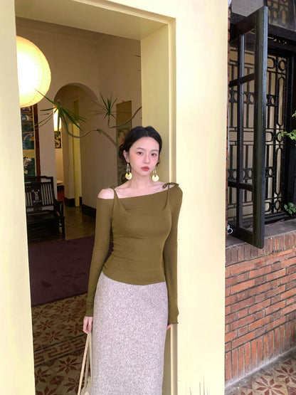 Light Hemp Broken Star Wool Pencil Skirt