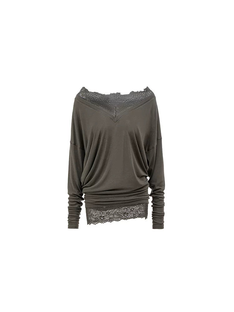 V-Neck Faux Two-Piece Lace Blouse – Loose Midi Cover-Up Top