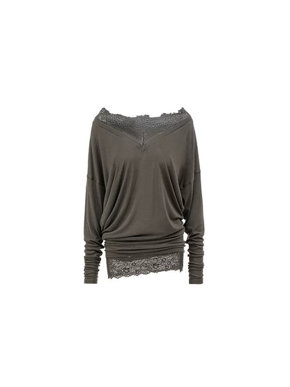 V-Neck Faux Two-Piece Lace Blouse – Loose Midi Cover-Up Top