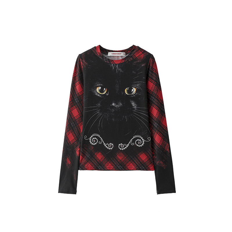 Cat Print Slim Long Sleeve Tee – Fall/Winter Base Layer Top