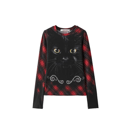 Cat Print Slim Long Sleeve Tee – Fall/Winter Base Layer Top