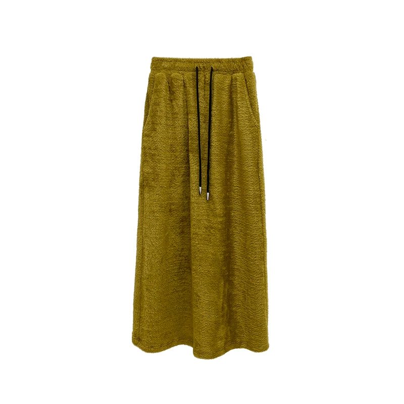 Original Design Warm Plush Imitation Mink Hair Contrast Drawstring Elastic Waist Loose Straight Barrel Skirt
