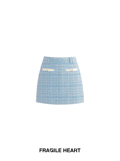 Blue Small Fragrant Suit Skirt with Satin Tweed