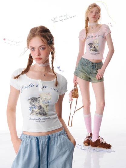 Cat Print Slim Fit T-shirt | Half Sleeve Retro Design for Summer