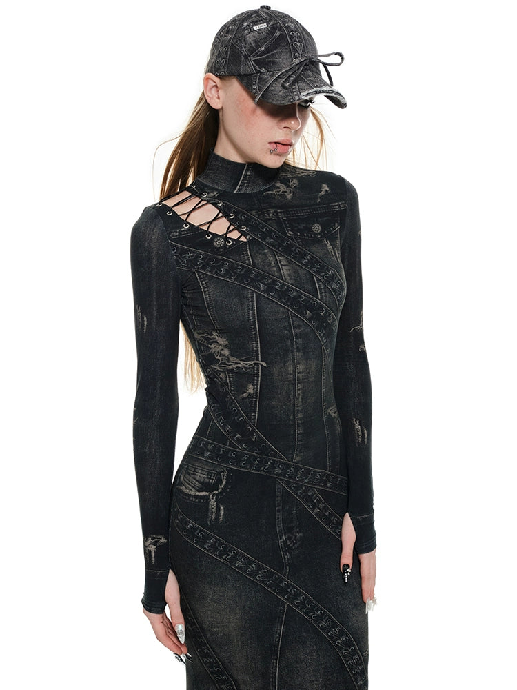 Denim Print High Neck Maxi Dress – Vintage Slim Fit Design