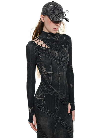 Denim Print High Neck Maxi Dress – Vintage Slim Fit Design