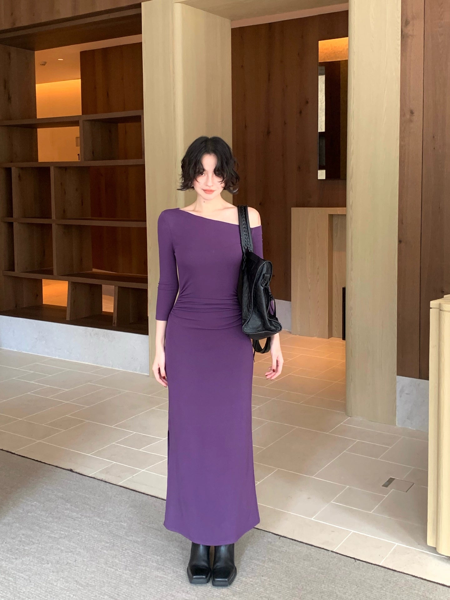 Pearl Girl Asymmetric Off-Shoulder Waist-Gathered Maxi Dress – Autumn Chic