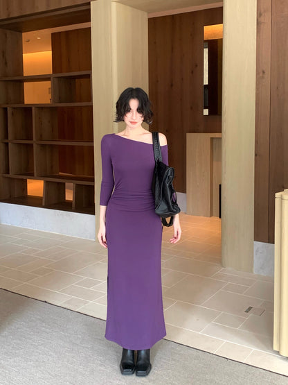 Pearl Girl Asymmetric Off-Shoulder Waist-Gathered Maxi Dress – Autumn Chic