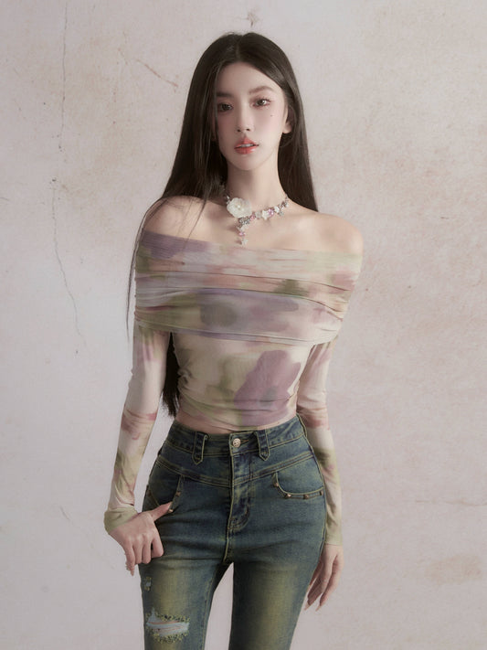 Sweet and Spicy One Shoulder Halo Dyed Long T-shirt