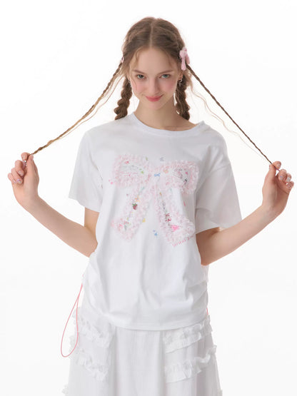 Drawstring Lace Bow T-shirt | Loose Retro Short Sleeve Design for Summer