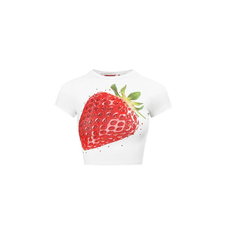 Summer Fruit Print Rhinestone Cropped T-Shirt – Elastic Slim Fit