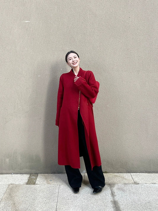 New Chinese Red Cashmere Coat – Elegant New Year’s Robe & Engagement Jacket
