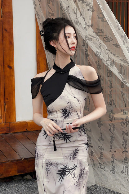 Split Print Hanging Neck Qipao Dress