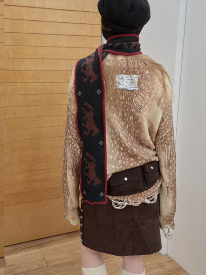 Deer Print Distressed Knit Sweater