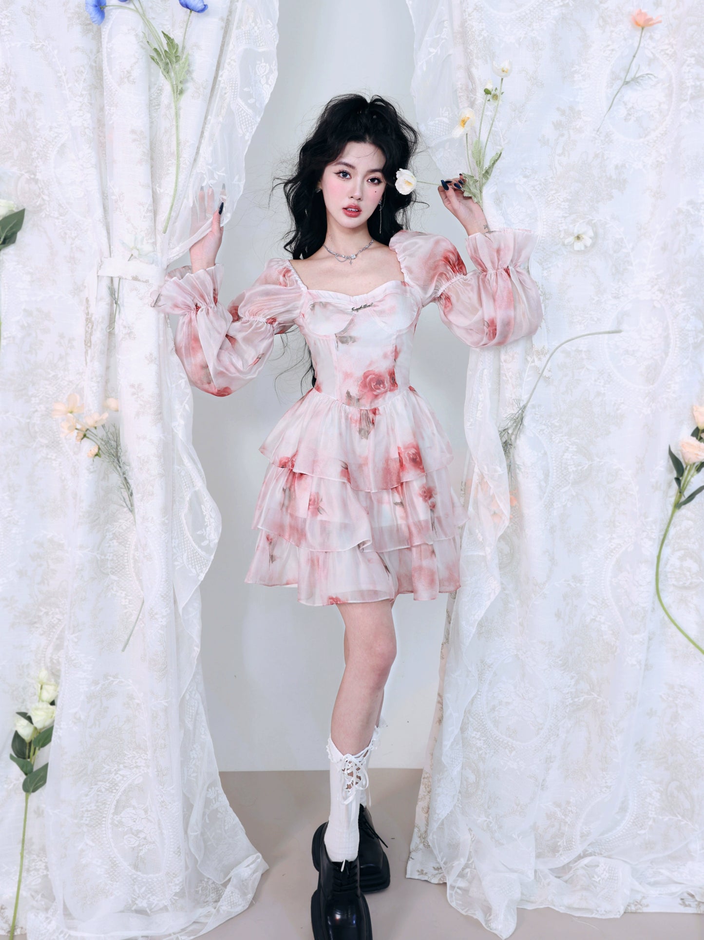 Fog Peach Smoke Rain Princess Bubble Sleeve Dress