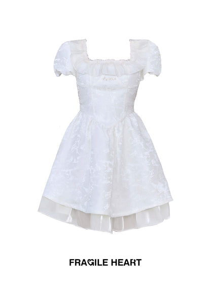 White Moonlight Bubble Sleeve Jacquard Dress